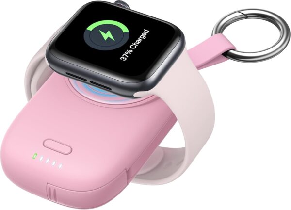 Portable Apple Watch Charger with Keychain - 1200mAh Power Bank, Magnetic Wireless iWatch Charger Compatible with Series 10 9 8 7 SE 6 5 4 3 2 Ultra, Travel Accessories Gifts Women - Pink