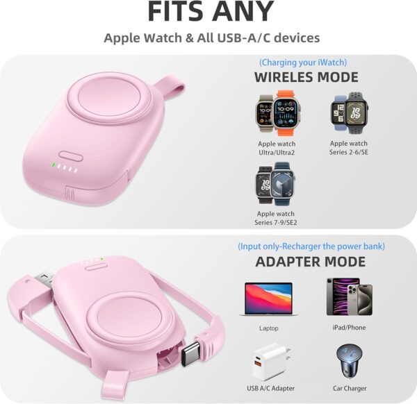 Portable Apple Watch Charger with Keychain - 1200mAh Power Bank, Magnetic Wireless iWatch Charger Compatible with Series 10 9 8 7 SE 6 5 4 3 2 Ultra, Travel Accessories Gifts Women - Pink - Image 4